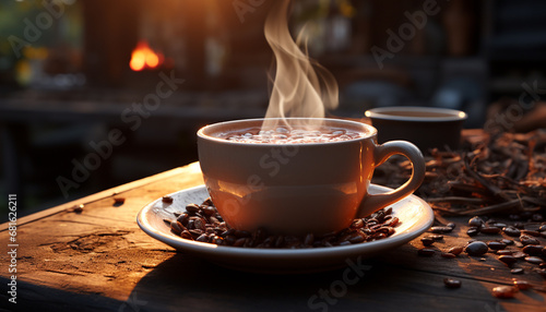 Hot coffee on wooden table, steam rising, cozy atmosphere generated by AI