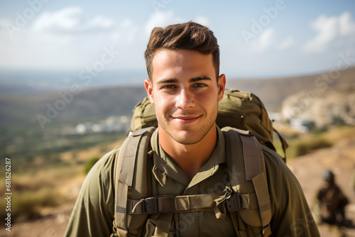 Young Israeli soldier, portrait. A beautiful, bold face, smiling, looking at the camera. Behind his shoulders is a military backpack. Blurred outdoor background. Close-up. Generative AI.