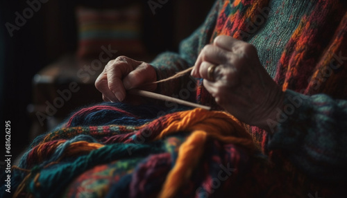 Senior woman weaves colorful wool pattern with skilled hand indoors generated by AI