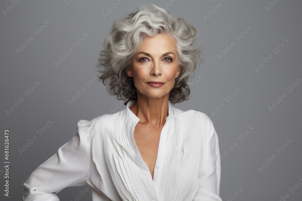 Elderly woman in white blouse on white background, curly hair. Beauty portrait happy old woman