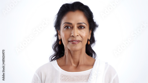 Beautiful mature Indian woman isolated on a stark white background