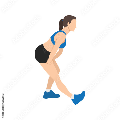 Woman doing standing hamstring stretch exercise. Flat vector illustration isolated on white background