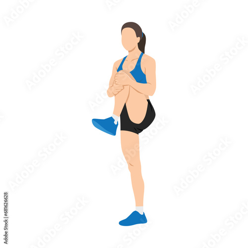 Woman doing standing knee hugs exercise. Flat vector illustration isolated on white background
