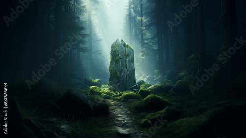Big stone monolith on a hill among the mountains. Rune magic ritual stone in the mountains. Fabulous landscape of mountains photo