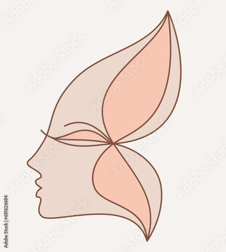 Logo design element. Female face profile with butterfly wings. Feminine concept illustration. Flat style design stock sketch. International Women s Day concept for card, poster, banner and other users