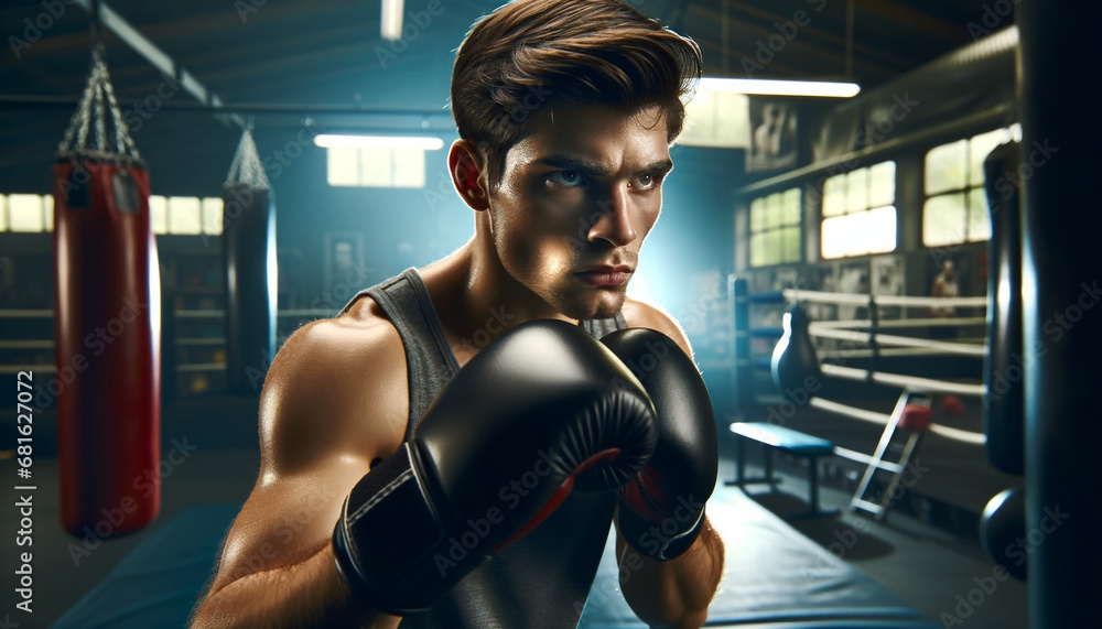 Focused Boxer Training in Gym: A Display of Strength and Determination - Perfect for Sport Promotion and Gym Event Banner Advertising. AI Generated.