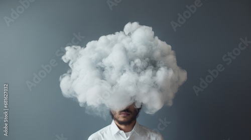 Man head in clouds, depression and fatigue at work. Man with cloud over his head depicting solitude and depression