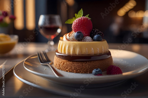 Trifle dessert with custard, chocolate and pastry, sponge decorated with berries in a reastaurant. Delicious, healthy sweet treat.