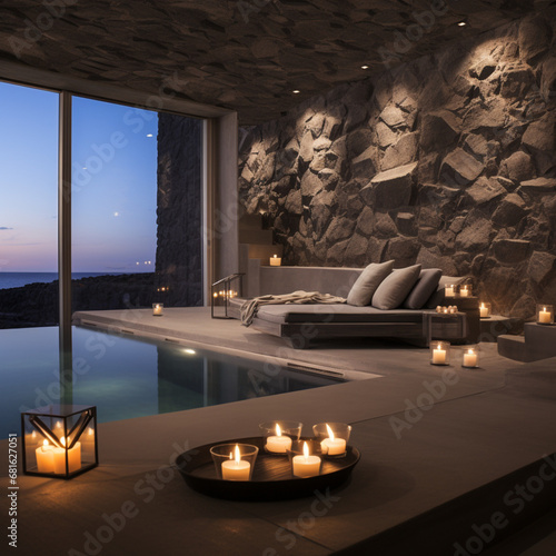 santorini inspired airbnb large open interior with natural feel light stone walls, cliff edge positioning, sea view, luxury interior, minimalistic, candles and gold ambiance but general dark aesthetic photo