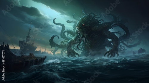 Mysterious monster Cthulhu in the sea  attack boat huge tentacles sticking out of the water  landscape