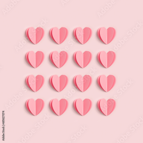 Pink hearts on pink color background, minimal trend creative aesthetic pattern, pastel pink card as valentines day or wedding background. Hearts symbol of love, romantic holiday concept