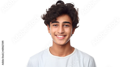 Indian teenage boy grinning alone against a stark white background photo