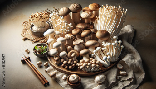 A beautiful food photo of a huge abundance of Asian edible mushrooms. AI Generated.