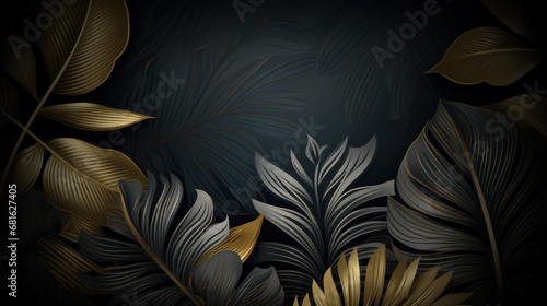 Tropical leaves gold and black, Dark Monstera, palm graphic design, Creative nature background, Minimal summer abstract jungle forest pattern, Luxury exotic botanical design cosmetics, illustration