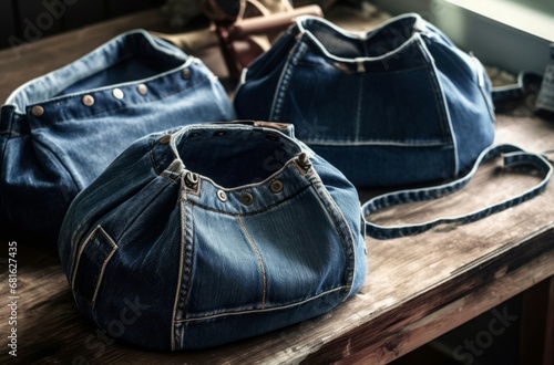 Handbags made of old jeans. Clothing textile accessory handcraft product. Generate ai