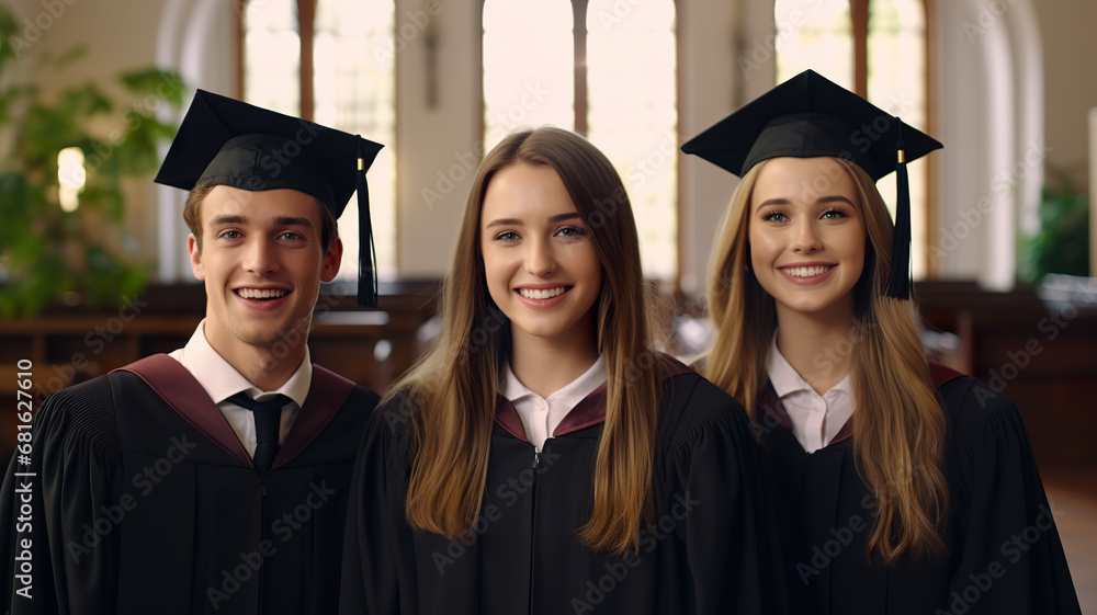 Three happy graduating mates are depicted in an isolated portrait against a stark white background. Three happy graduating mates are depicted in an isolated portrait against a stark white background.
