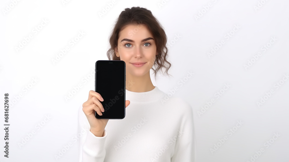 A phone with a black screen is held by a pretty girl against a stark white background. A phone with a black screen is held by a pretty girl against a stark white background.