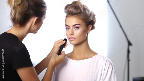 Hairstylist and cosmetics artist getting ready on a stark white background