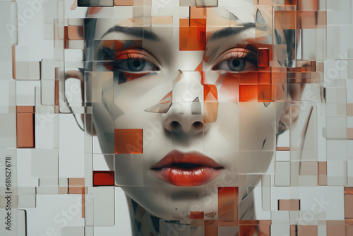Abstract pixelated face portrait. Fragmented identity and blurring of reality. Conceptual and contemporary makeup Self-esteem prison. Woman locked in herself. photo
