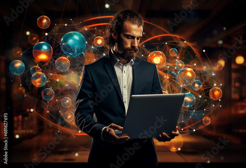 Hombre con portátil - Ideas iconos tecnología moderno - Chico con pc  photo