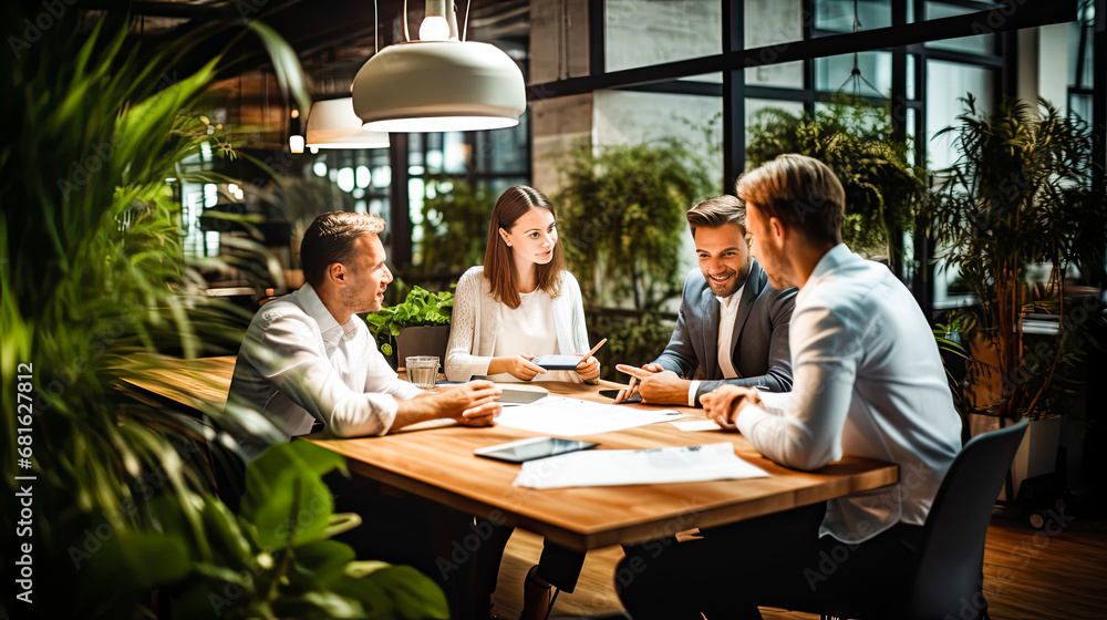 group of people discussing in minute meeting presentation at a conference in a friendly atmosphere in a modern office.