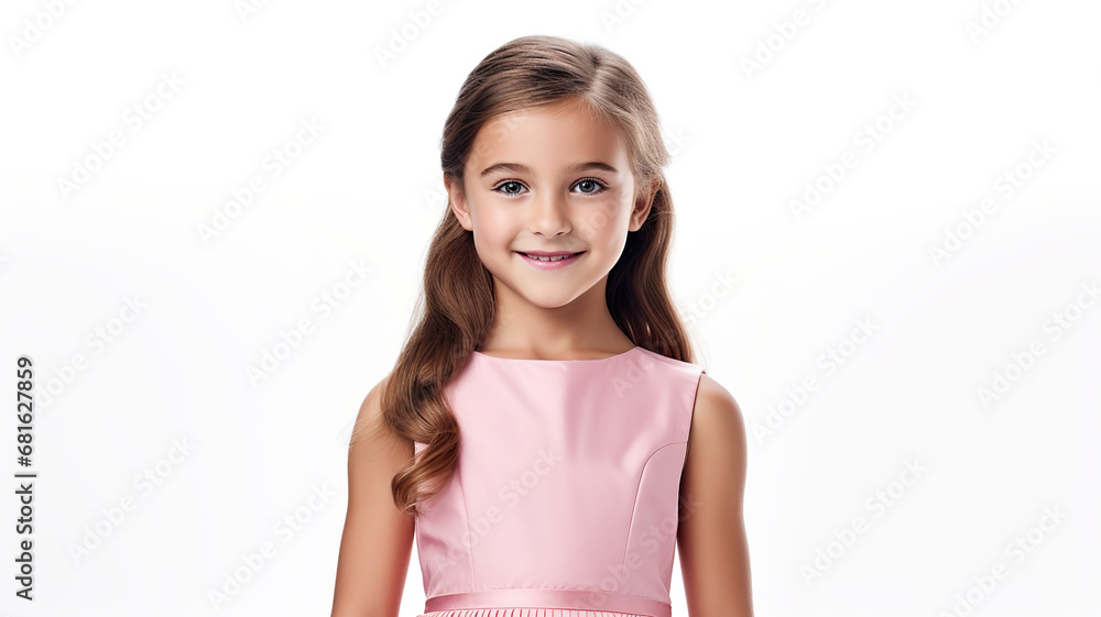 charming young child in a pink dress isolated on a stark white background charming young child in a pink dress isolated on a stark white background