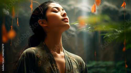 Mujer asiática meditando ojos cerrados - Respiración calma silencio - Naturaleza bosque 