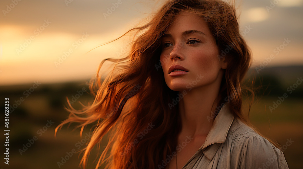 Mujer mirada persisa al horizonte- Respiración calma silencio - pradera naturaleza 