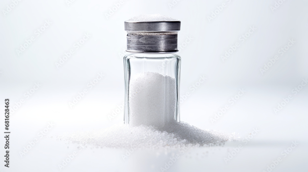 Sea salt is removed from a salt shaker and placed on a stark white background. Sea salt is removed from a salt shaker and placed on a stark white background.