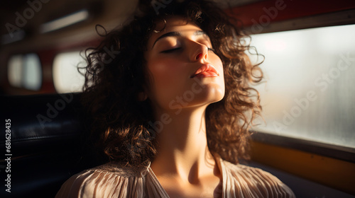 Mujer meditando ojos cerrados - Respiración calma silencio - Tren asiento ventana luz natural © Carmen