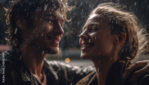 Young couple embracing in the rain, enjoying wet togetherness generated by AI