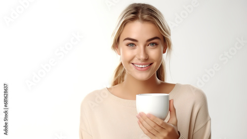 Isolated against a stark white background  she is having a cup of tea and enjoying time with her partner.