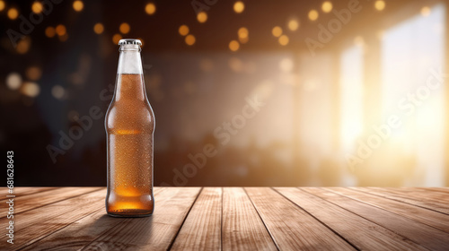 Fresh tasty cold bottle of beer on wood table