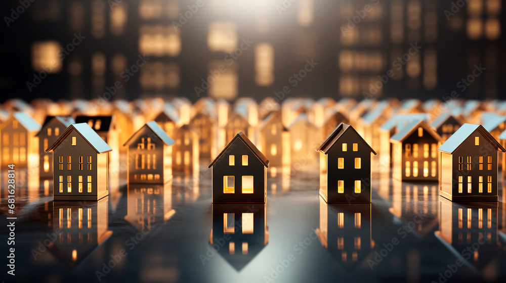 Idea casas miniatura - Inversión inmobiliaria - Negro y oro - Lujo elegante 3d render - obrazy, fototapety, plakaty 