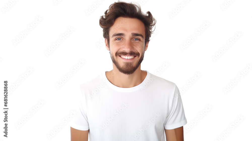 Isolated smiley man posing against a stark white background Isolated smiley man posing against a stark white background
