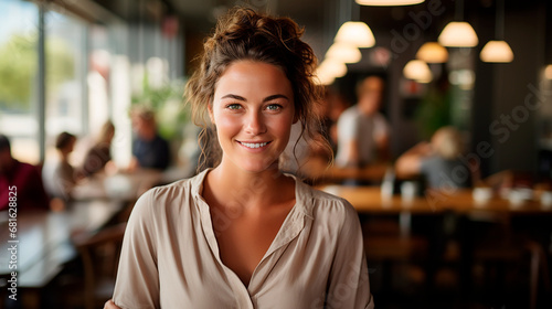 Mujer mirando a cámara - Chica primer plano sonriente - Fondo desenfocado restaurante cafetería  photo