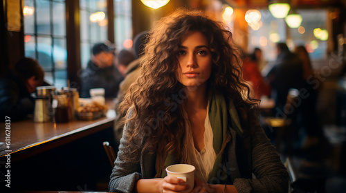 Mujer mirando a cámara - Chica primer plano sonriente - Fondo desenfocado restaurante cafetería - Invierno
