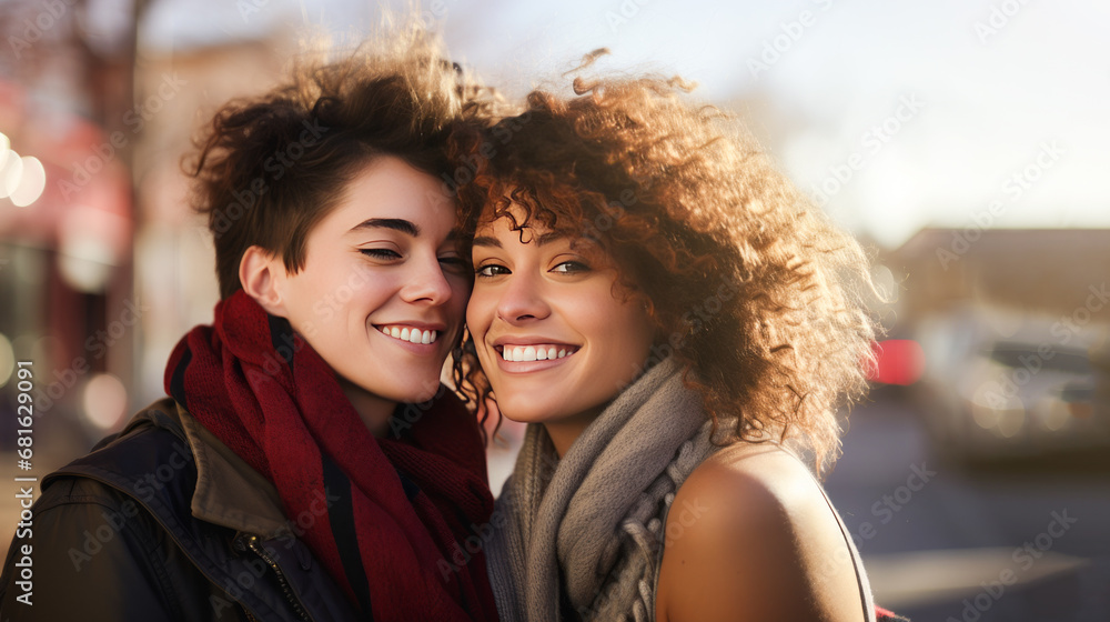 Gay diverse lesbian couple smiling together outdoors. LGBT family and relationship concept. AI generative Gay diverse lesbian couple smiling together outdoors. LGBT family and relationship concept. AI generative