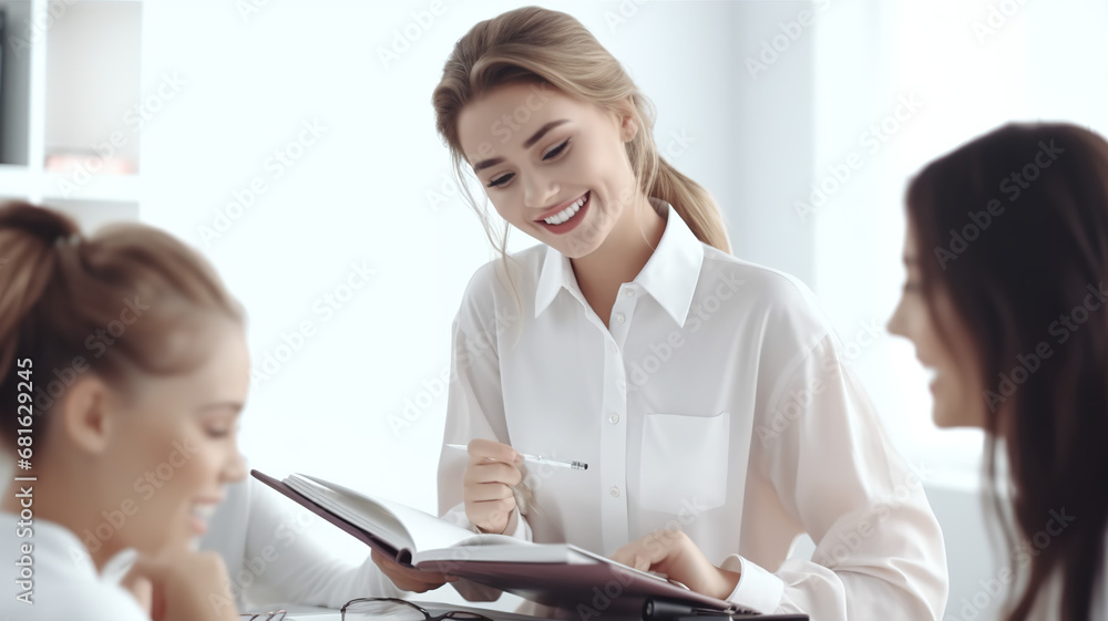 Isolated on a stark white background, a student imparts knowledge to her coworkers. Isolated on a stark white background, a student imparts knowledge to her coworkers.
