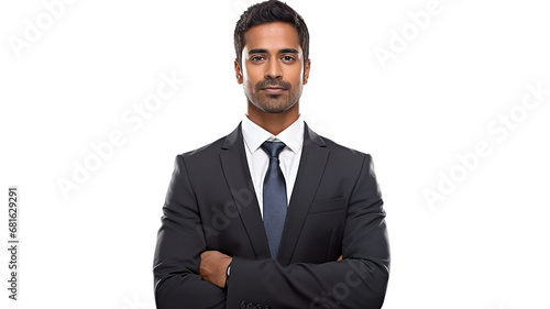 Isolated on a stark white background, a young Indian businessman