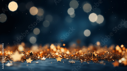 Abstract background with gold stars, particles and sparkling on navy blue. Christmas Golden bokeh lights on navy blue background. 2024 New year background. Gold foil texture