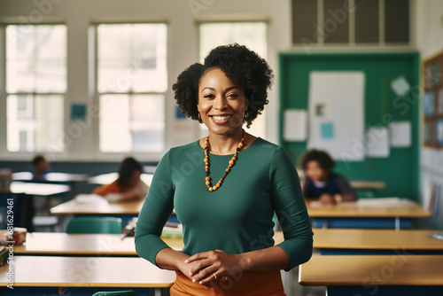 portrait of a smiling 30-year-old african american woman teacher in a modern bright classroom, generated ai photo