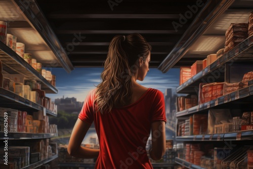 woman with shopping between store shelf