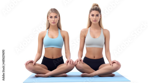 Two pretty girls doing yoga at home and alone against a stark white background.