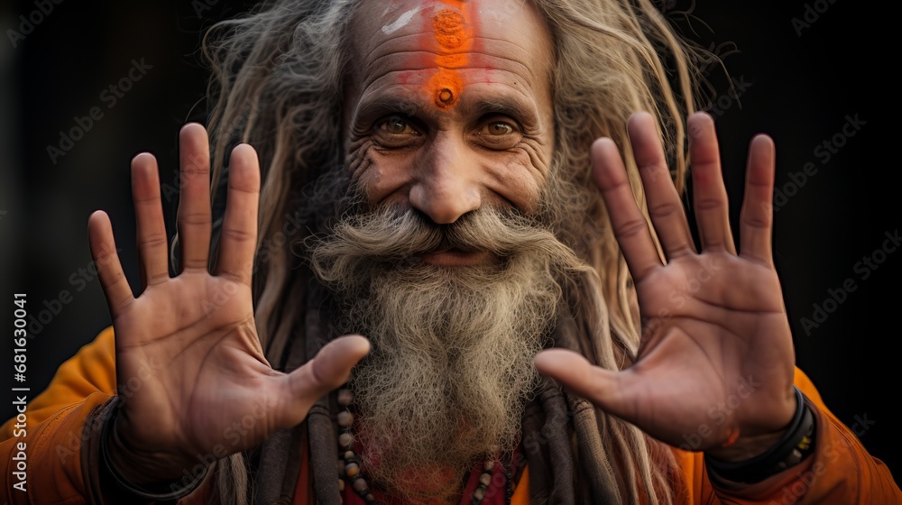 Hindu wise man giving blessing with both hands up - obrazy, fototapety, plakaty 