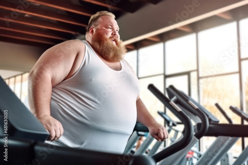 Fat man in sportswear exercising in the gym.