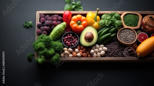 Healthy food with fruits and vegetables, Avocado, Cereals, Beans, Seeds, Herbs, Condiment in wooden box for vegan, Top view.