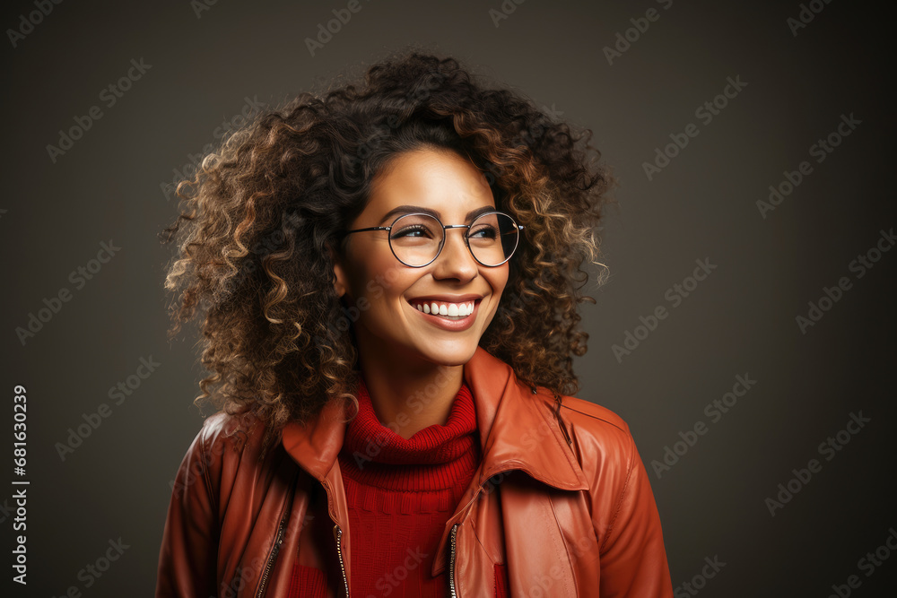 Joyful woman with curly hair and glasses, wearing a turtleneck and ...