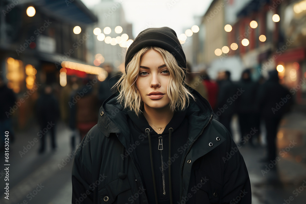 A young fashionable woman wearing a casual jacket and hat on a city street, exuding confidence and style.