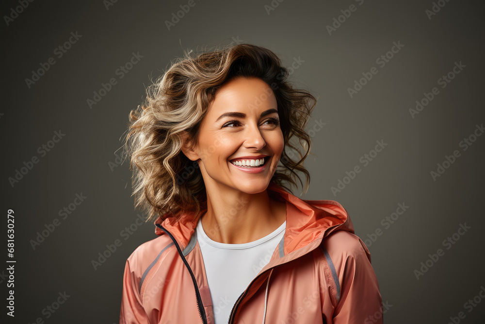 Portrait of a happy smiling woman with curly hair in casual fashion wear, exuding confidence and joy in a studio setting. Portrait of a happy smiling woman with curly hair in casual fashion wear, exuding confidence and joy in a studio setting.
